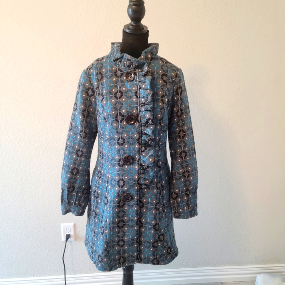 Anthropologie Nick & Mo Green Wool Blend Geo Print Ruffle Coat Jacket Medium